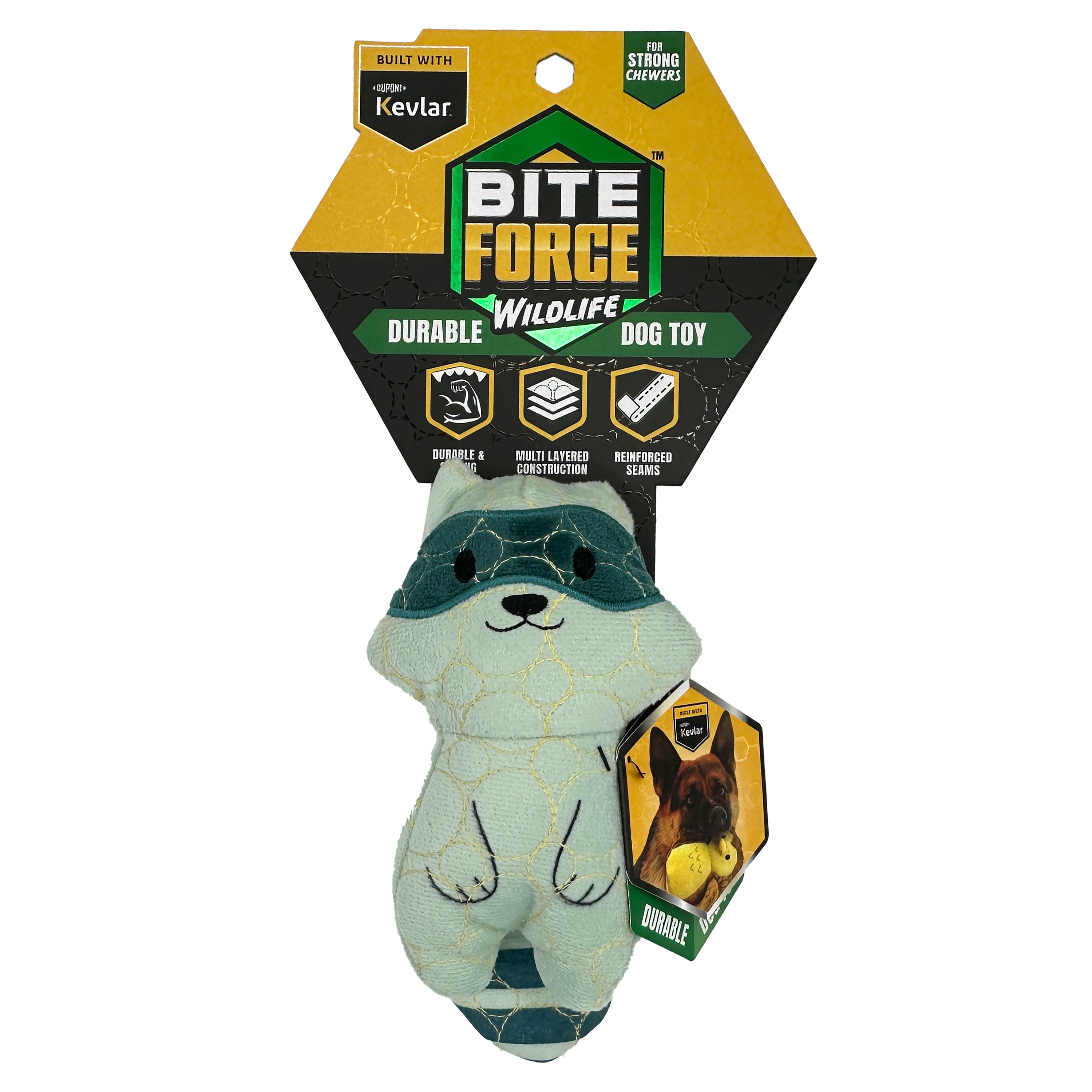 Bite Force Built w. Kevlar Tough Plush Racoon Dog Toy